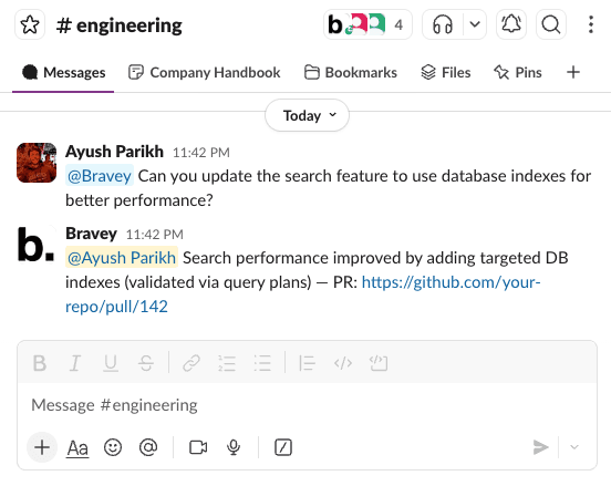 Bravey posting the PR link in Slack